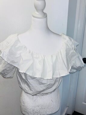White Ruffle Off-Shoulder Blouse with Elastic Waist